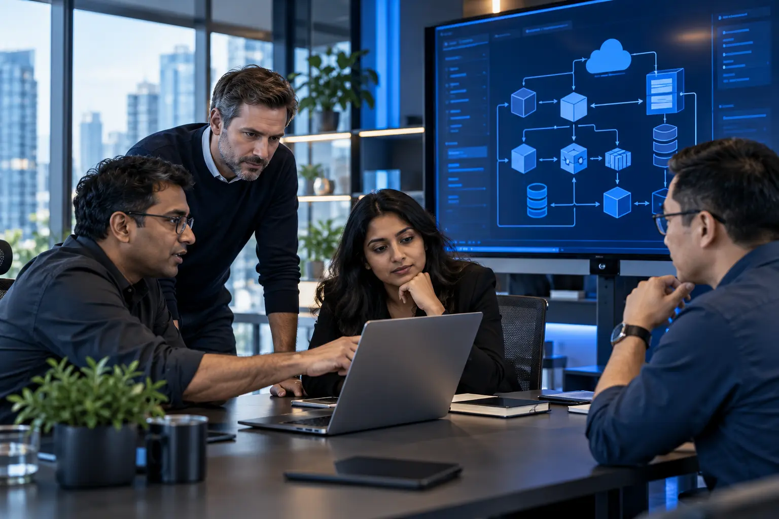 Software engineers collaborating on application architecture and delivery planning