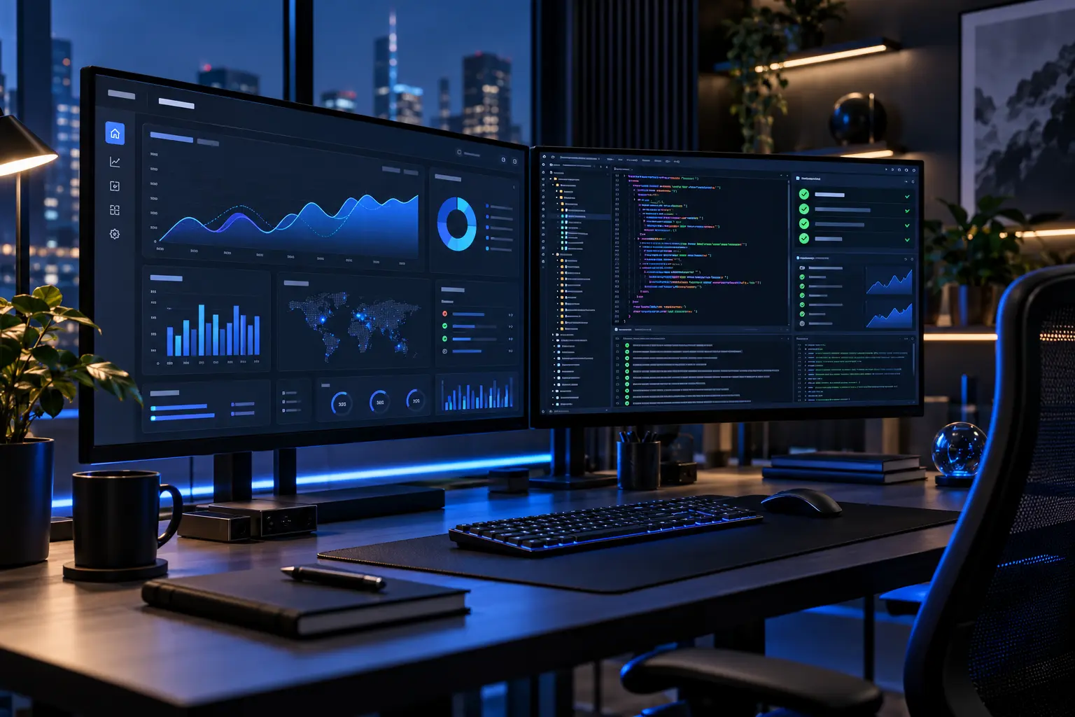 Software engineering workstation showing automated tests, source code and production monitoring dashboards