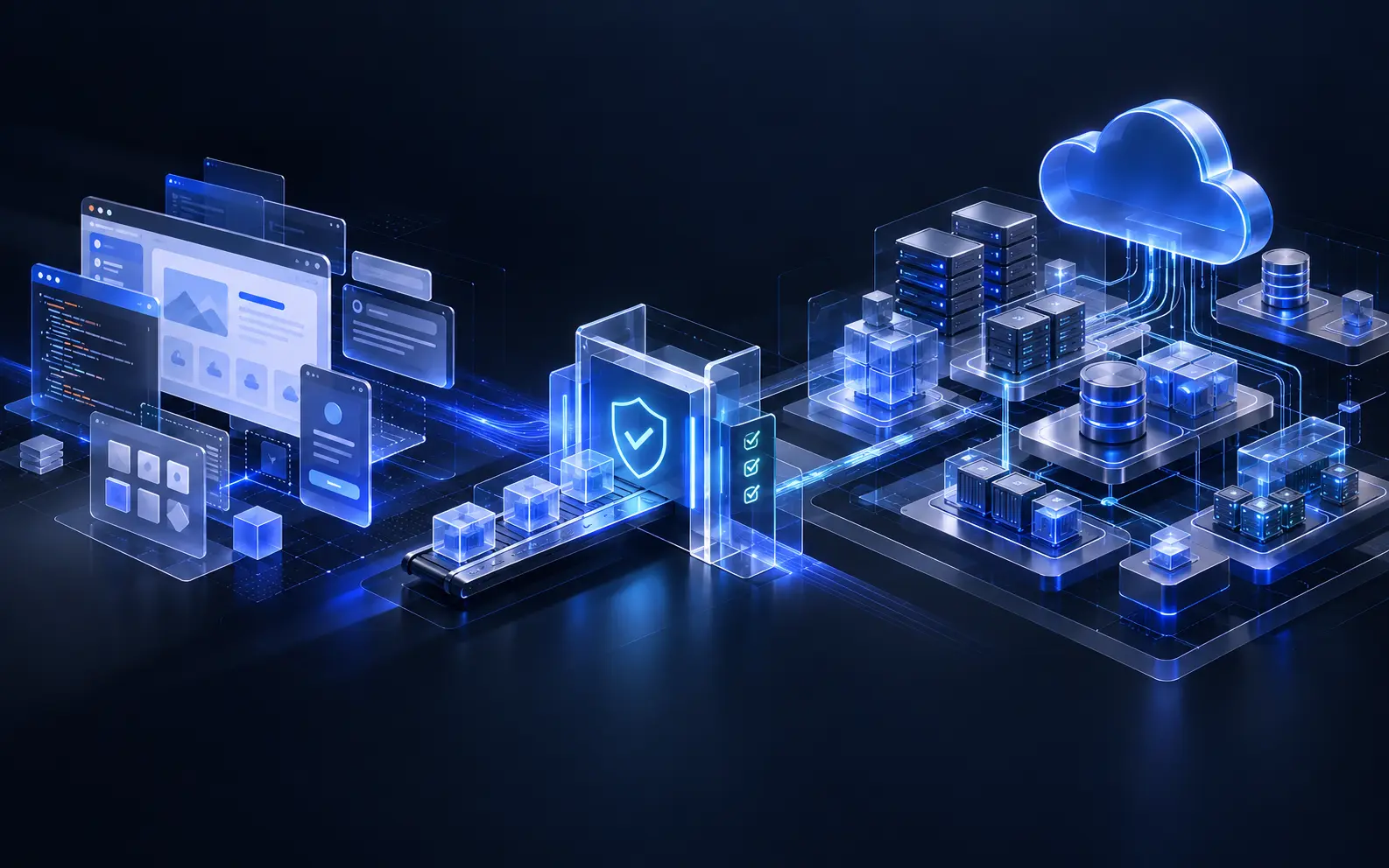 Illustration of an AI-built web application progressing through an engineering validation gate into secure cloud infrastructure